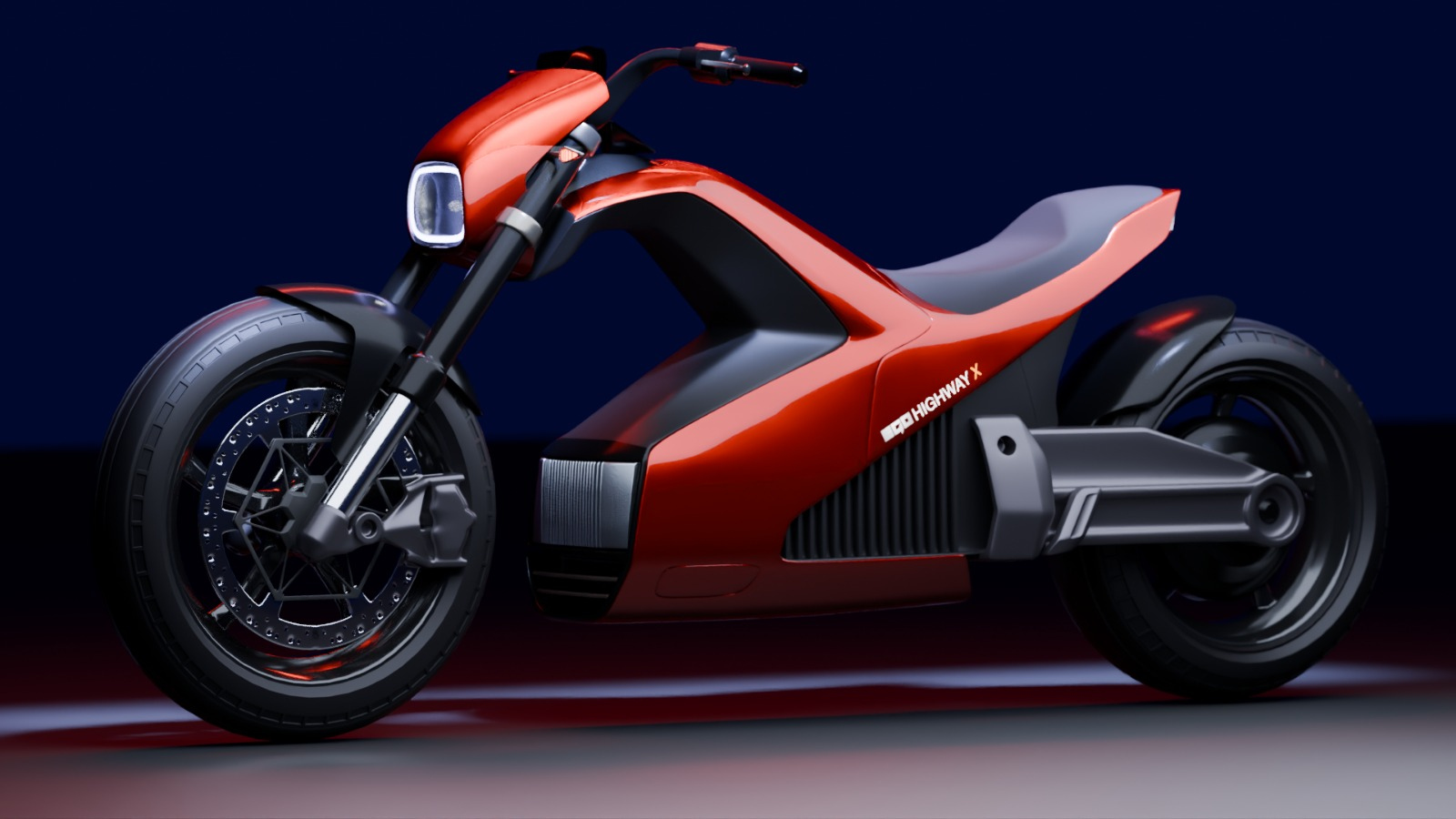 The red Adamar EGO Highway X3, seen from the front three-quarter in a dark studio